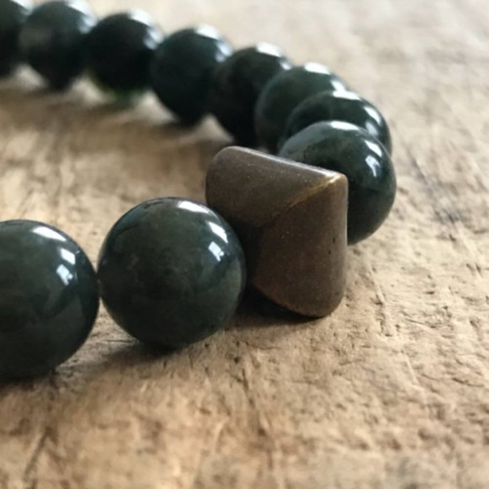 Men's Moss Agate Gemstone Bracelet Brass Accent Bead - 10mm Beads